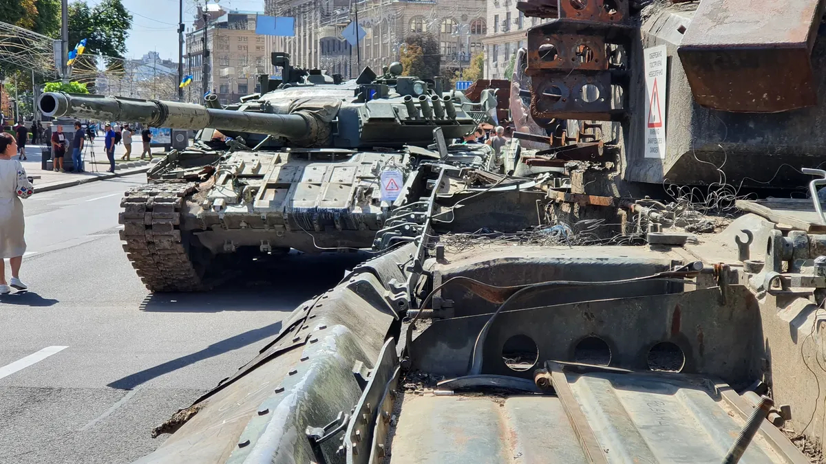 Burnt Russian military equipment on Khreshchatyk, where Putin was going to hold a parade. Kyiv, 24 August 2022. Photo by Jens Alstrup, exclusively for Novaya Gazeta. Europe